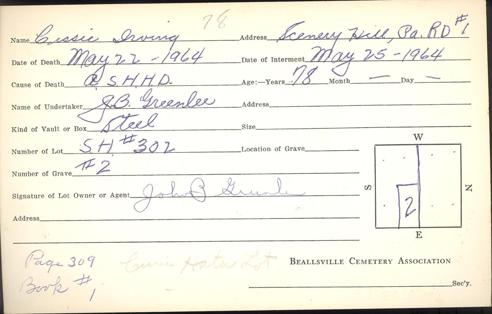 Cissie Irving burial card